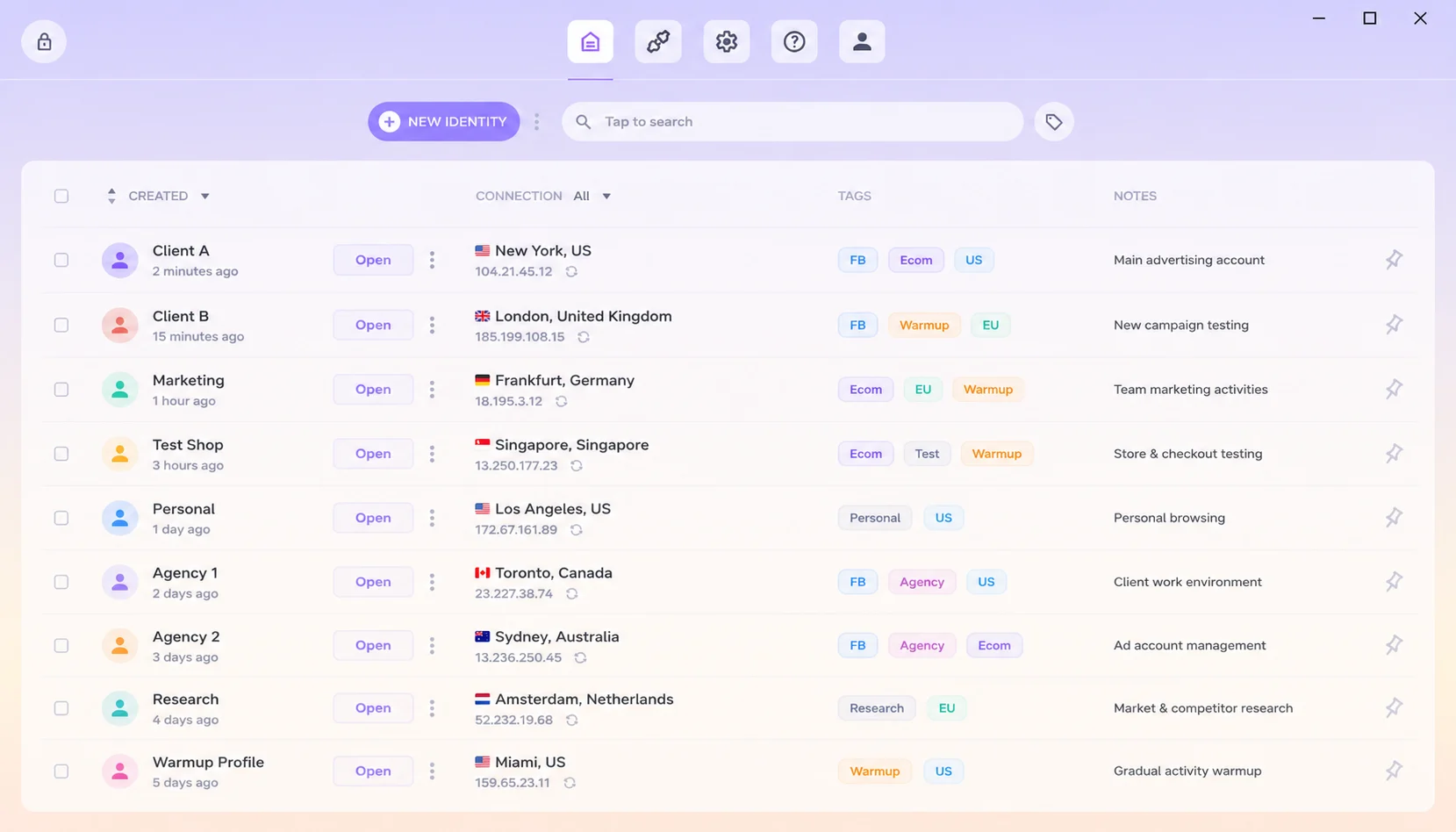 Интерфейс управления профилями NOID